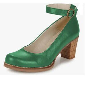 YDN Green Block Heel Pumps Round Toe Low Stacked Heels Ankle Strap Daily Shoes